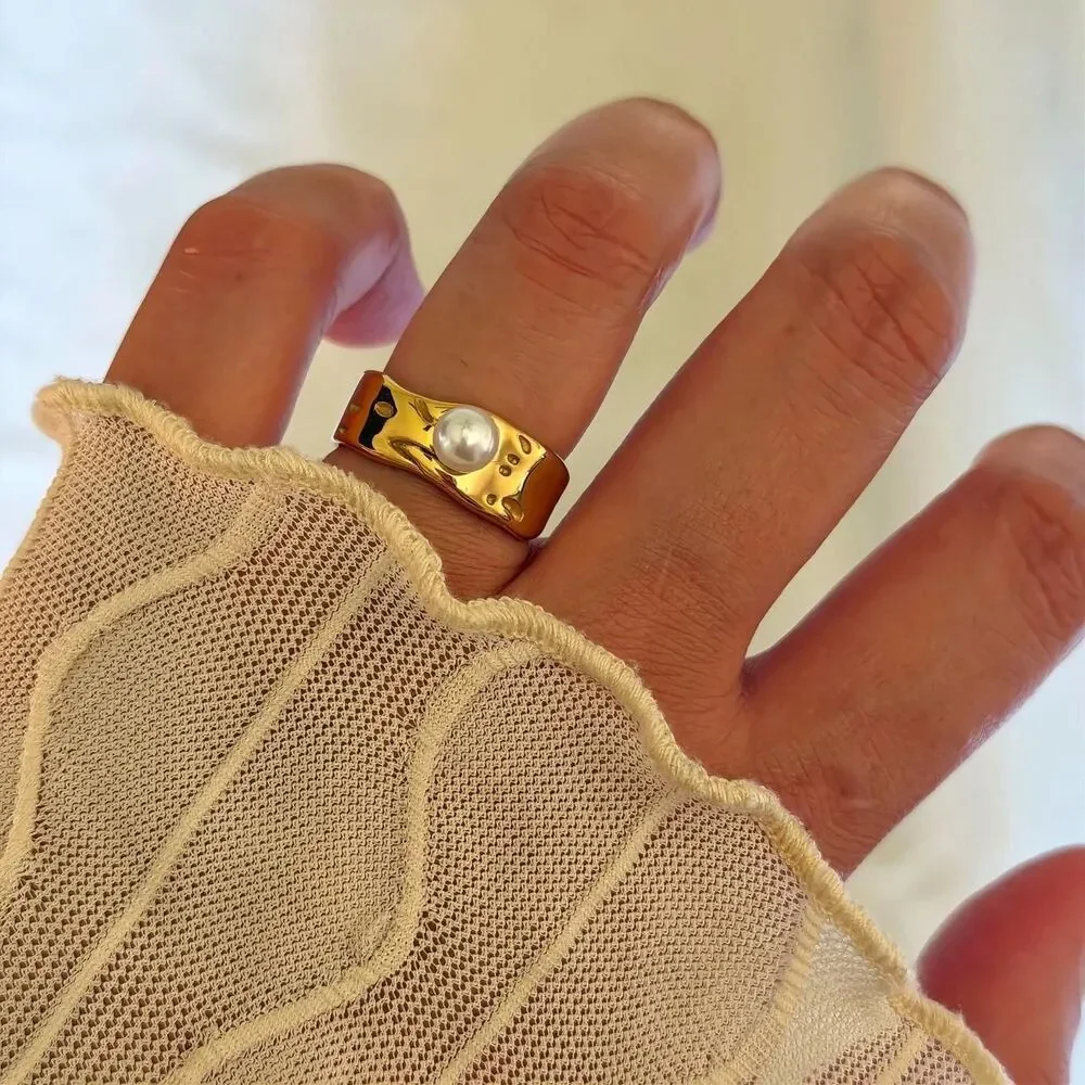 Gold Pearl Wide Band Statement Ring